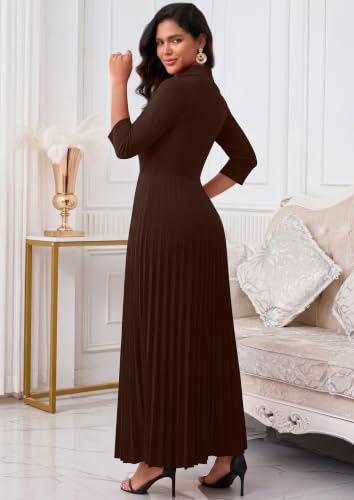 Image of FANDEE Maxi Dress for Women Formal 3 /4 Sleeve Pleated Empire Long Dress Semi Formal Tie Neck Office Work Dresses