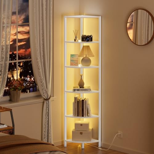Image of Furnulem 6 Tier Corner Shelf with LED Light, 67.5 inch Tall Standing Shelf Organizer, White Narrow Bookshelf with Storage Rack for Wall Corner, Living Room, Bedroom, Metal Frame, Wood Display Shelf