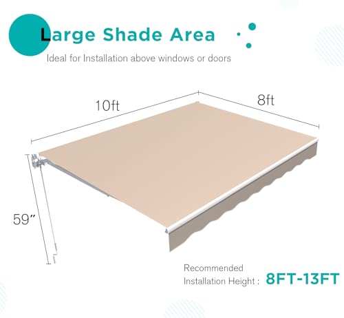 AECOJOY 10'×8' Manual Retractable Awning Sun Shade Patio Awning Cover Outdoor Patio Canopy Sunsetter Deck Awnings with Manual Crank Handle, Beige