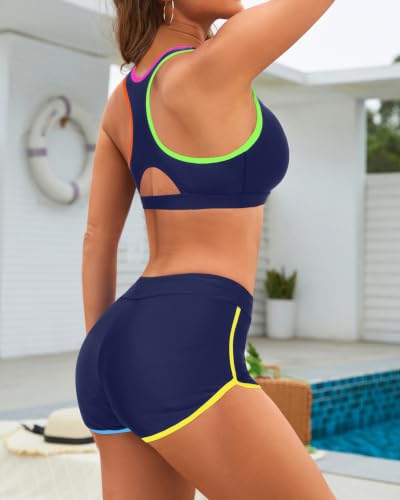 Image of Women Two Piece Sporty Bikini Set Athletic Swimsuits with Boy Shorts Bottom