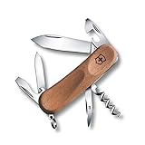 Victorinox Evolution 10 Wood Swiss Army Knife, 11 Function Ergonomic Swiss Made Pocket Knife with Large Blade, Reamer and Nail File - Red