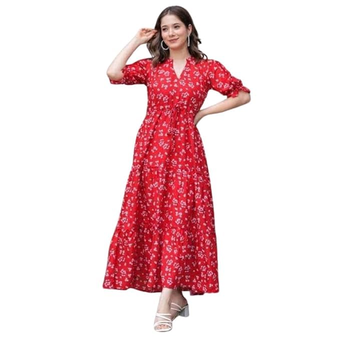 Women Cotton Floral Printed Long Dress Short Sleeves Summer Red Maxi Dress Casual Vacation Flowy Dress (3XL)-picture-50