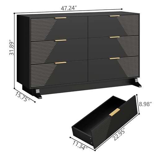 Image of Gyfimoie 47.24 inch Wide Dresser for Bedroom, 6 Drawer Black Dresser with Fluted Design & Gold Metal Handle, Chest of Drawers with Sturdy Base, Wood Dressers for Bedroom, Living Room, Hallway
