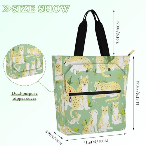 Children's Book Tote Bag for Kids Students Adults, Cartoon Cheetah Mint Green Water-resistant Reusable Book Bag Grocery Bag with Zipper for School Work Travel2