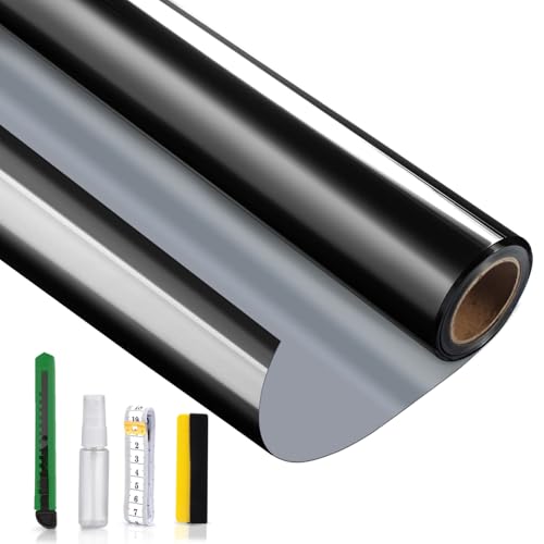 Agmovoue Reflective Window Film Privacy One Way, Mirror Film Daytime Privacy Heat Control UV Blocking Static Cling Window Tint Film for Home & Office, Black-Silver, 29.5 Inch X 6.5 Feet