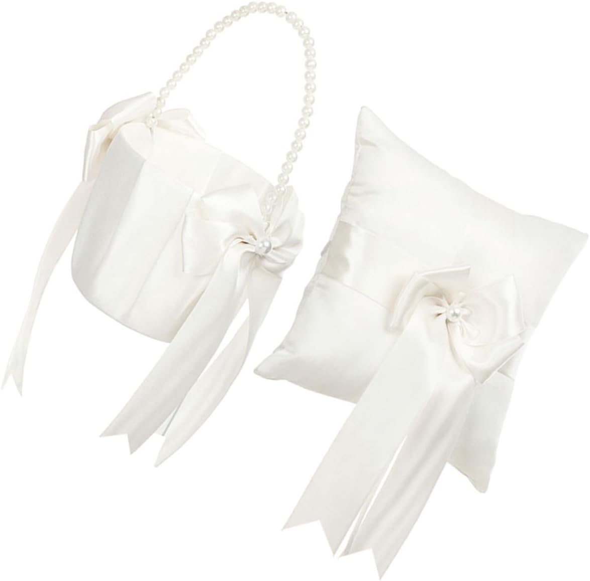 YARNOW Flower Girl Basket and Ring Bearer Pillow Set, Satin Rose Petals Basket with Pearl Handle and Decorative Ring Cushion, 2pcs Wedding Ceremony Supplies for Bridal Party