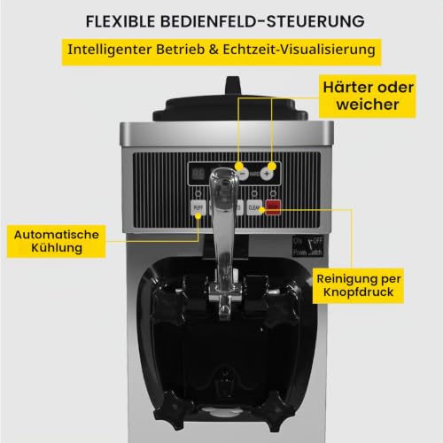 Foto von Professionelle Softeismaschine Gewerblich 2200W, 20-28L/h Eisleistung,1 Geschmacksrichtungen Soft Serve Eismaschine mit 6L Behälter, Automatische Reinigung, für Eisdiele Café Restaurant (8116F)