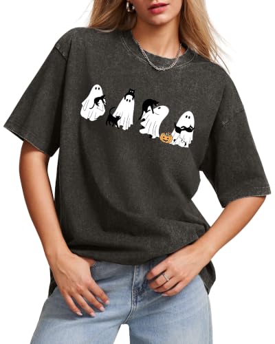 Aiyino Womens Halloween Ghost Cat Vintage Washed Graphic Tee Dark Grey L - image 1
