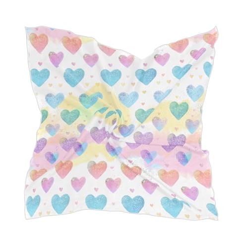 Women's Square Silk Hair Scarves and Wraps Headscarf Rainbow Hearts Pastel Head Neck Scarf Bandana 24inch