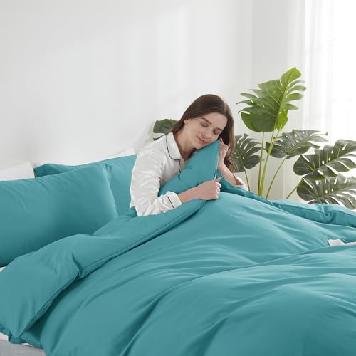 Image of Hearth & Harbor Teal Duvet Cover Twin Size, 2 Piece Bedding Set | Soft Double Brushed Bedding Set, Button Closure, 1 Duvet Cover 68x90 Inches, 1 Pillow Sham