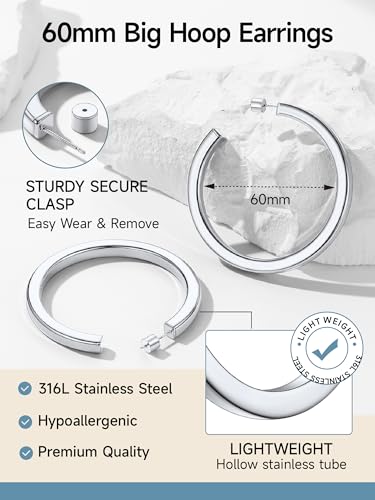 Image of Stainless Steel Chunky Hoop Earrings For Women, Minimalist and Chic, Black /Gold Plated, Round Hoops Earrings Hypoallergenic, Size: 30mm /40mm /60mm /80mm, Come with Box