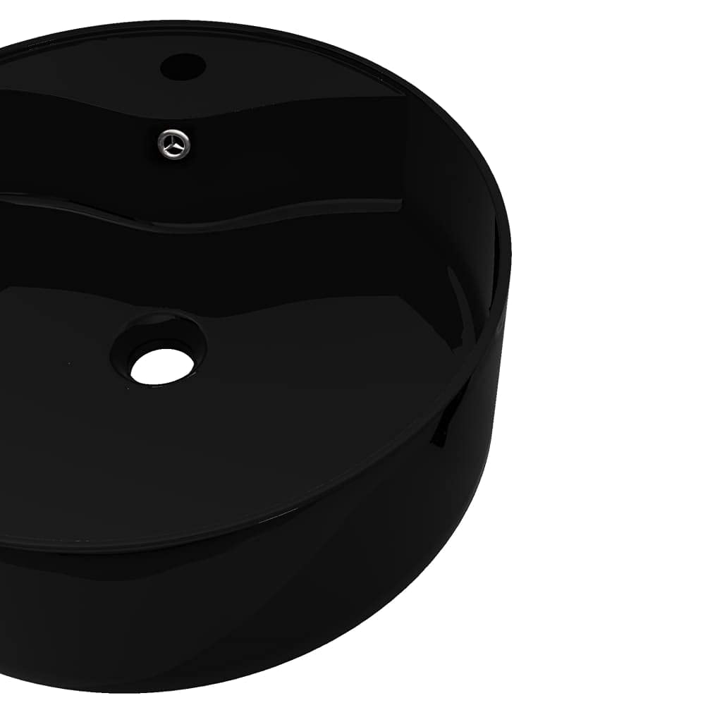 AUVYI Gästetoilette Waschbecken Keramik Hahnloch/Überlaufloch Schwarz Rund 46,5x15,5 CM Aufsatzwaschbecken Kosmetikraum Möbel Waschbecken Gäste WC Handwaschbecken für Waschraum Badezimmer