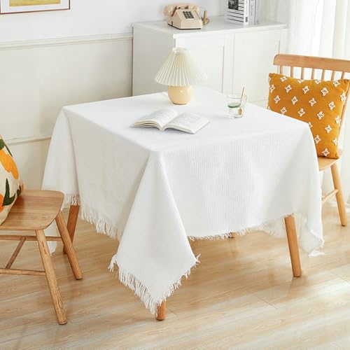 Stfery Mantel lavable cuadrado 90 x 90 cm, color blanco, cubierta de mesa de cocina, mezcla de colores sólidos con borlas, base antideslizante duradera para sala de estar