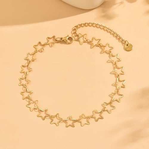 Image of Anklets for Women Dainty CZ Ankle Bracelet 18K Gold Plated Waterproof Boho Dot Star Moon Daisy Ocean Beaded Anklet Trendy Foot Jewelry