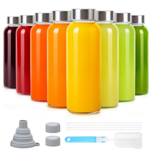 Sursip 10 oz Glass Juice Bottles, 8 Pack with Stainless Steel Lids – Reusable Small Glass Bottles for Smoothies, Iced Tea & Milk – Leak-Proof, BPA-Free, Dishwasher Safe
