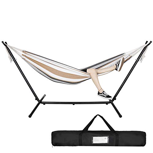 Super Deal Portable Hammock With 9Ft Space Saving Steel Stand, Double Brazilian Heavy Duty 620Lb Capacity 2-Person Hammock With Carrying Case, 6 Optional Hook Positions For Camping Garden Yard Patio #TOP4