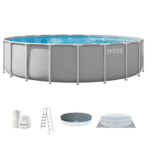 INTEX Prism Frame 20 ft x 52 in Above Ground Pool Set Round Swimming Pool with Steel Frame 1500 GPH Cartridge Filter Pump Ladder Cover & Ground Cloth