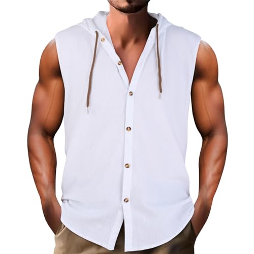 Sleeveless Hoodies for Men Cotton Linen Button Down Drawstring Hooded Sweatshirts Lightweight Breathable Summer Tops