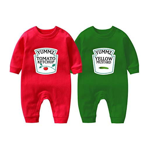 Image of YSCULBUTOL Baby Bodysuit Yummz Tomato Ketchup Mustard Red Yellow Twins Set Boys Girls Clothes Twins Baby Outfits