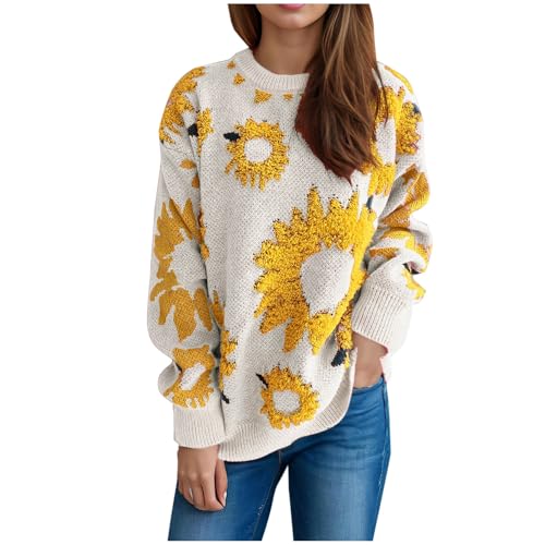Women Fashion Sunflower Print Knit Sweater, Fall Winter Casual Warm Sweatshirt Long Sleeve Loose Crewneck Jumper Top