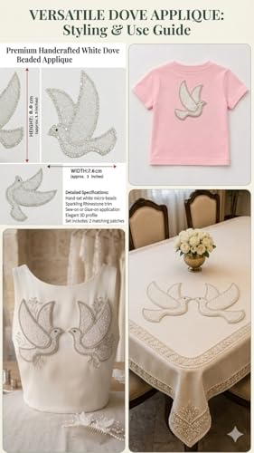 Image of Flying Pigeon Applique Patch Embroidered with White Pearl Stone & Zardosi Work on Fabric, 3.8 x 7 cm, Pack of 4, for Sarees, Dresses, Dupattas & Crafts Fabric Embellishment (Flying Pigeon)