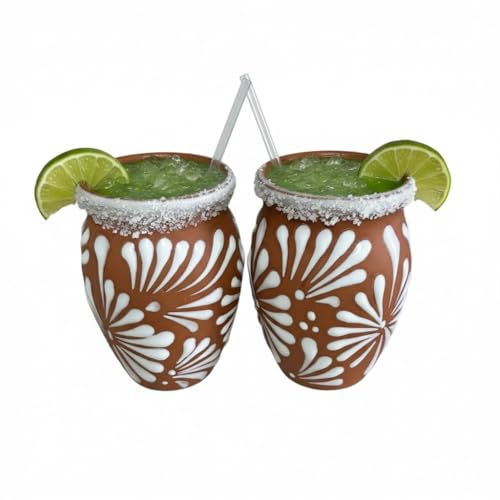 Mexican Hobo 17oz Hand-Painted Clay Cantarito Cups, Set of 2