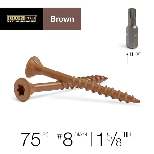 Image of Deck Plus 1-5 /8 Inch Epoxy Coated Exterior Wood and Fence Screws #8 x 1-5 /8 inch Torx /Star Drive Included Coarse Thread, Outdoor Rust Resistant Decking Screw, Brown, XL Pack, 75 Pieces | 42665