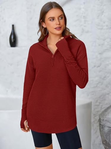 Image of PRETTYGARDEN Womens Long Sleeve Quarter Zip Pullover Sweater | Casual Loose V Neck Sweaters with Thumb Hole, Collared Ribbed Knit Jumper Tops, Oversized Tunic Tops, Fall Outfits 2026