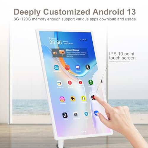 تلفزيون محمول بعجلات مقاس 32 بوصة مع شاشة لمس داخلية، اندرويد 13، ذاكرة RAM 8G + تخزين 128GB، سبيكر مدمج وبطارية 15000mAh (7~9H)، تحكم صوتي عن بعد باللمس، تلفزيون دوار للمنزل والخارج من زونديفايند