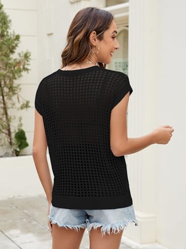 Image of Womens Summer Crochet Tops Hollow Out Cap Sleeve Cover Up Tank Top Pullover Sweater Vest Beach Vacation Clothes