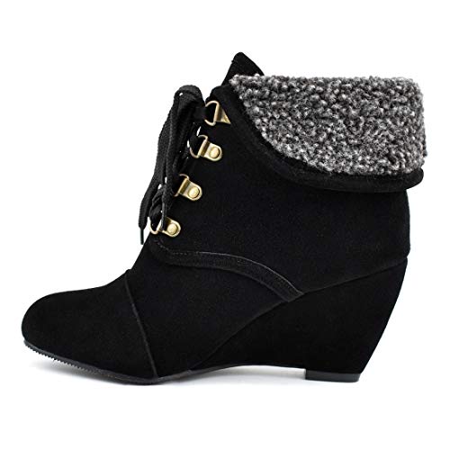 VOKLIN Women's Winter Fur Cuff Wedge Ankle Boots Suede Lace Up Round Toe Chunky High Heel Dress Short Booties4