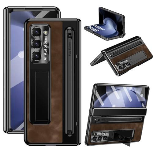 Coque Samsung Fold 6 en cuir café avec charnière protectrice chic