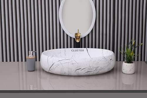 Image of CLUSTER Designer Glossy Ceramic Table Top Wash Basin For Bathroom | Countertop Bathroom Sink For Livingroom, Resturant Decor, Oval Shape (24 x 16 x 6 inch)