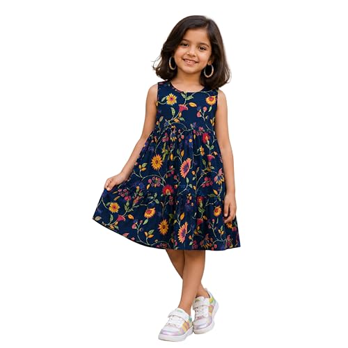 Image of The Magic Wand Kids Girls Printed Cotton Summer Dresses, Knee Length Sleeveless Casual Western Stylish One Piece Fit & Flared Frock for Beach & Vacations