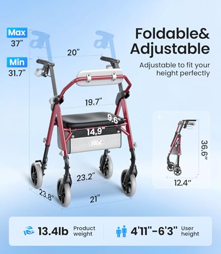 Image of VOCIC Z12 Walker for Seniors with Seat, 13.4 LBS Ultra Light, 350 LBS | Ergo Seat & Backrest for Comfort, Height Adjustable & Easily Foldable for Seniors, All Terrain Wheels, Silver