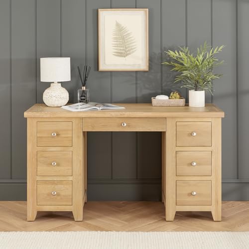Cheshire Whitewash Oak Twin Pedestal Desk | Large Oak Desk with Drawers | Shaker Style Dressing Table or Home Office Desk | Minor Assembly Required | Dual Handle Options | H785 x W1430 x D555mm