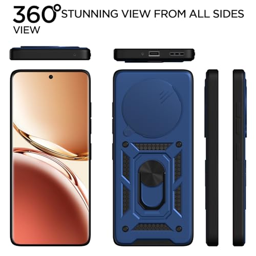 Image of Pikkme Back Cover for Oppo F27 Pro Plus 5G | 360 Protection Case | Sliding Camera Shield Cover & Ring Holder Stand D10 Tough Armor Bumper Case (Blue)