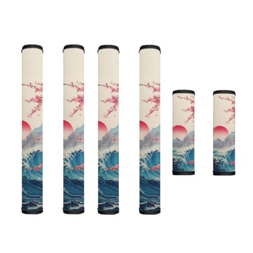 Image of Refrigerator Door Handle Covers Set of 6 Kitchen Electrical Appliance Decor Handles Keep Clean Anti-Slip Fridge Accessories Home Decor, Japan Art Style Mountain Sea Wave Floral