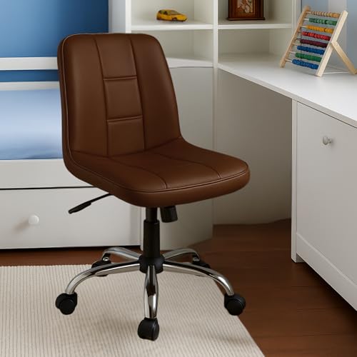 Image of Zidle Adjustable Swivel Office Chair with Cushioned Seat Armless Computer Chair with Wheels Brown Finish Study Desk Chair for Home Office Workstation Seating Modern Compact Design