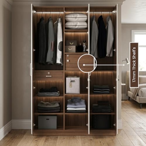 CASPIAN Engineered Wood 3 Door Wardrobe (White & Brown) | Furniture with Dressing Mirror & Key Locker | Cupboard/Almirah for Bedroom Clothes Storage Organizer with 11 Shelves & Drawer
