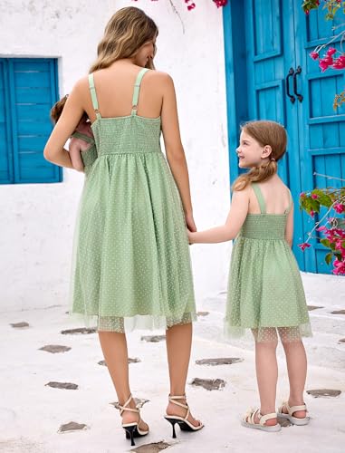 AWIBMK Mommy and Me Dress Swiss Dot Bowknot Mother Daughter Matching Sundress Summer Casual Holiday Slip Dresses4