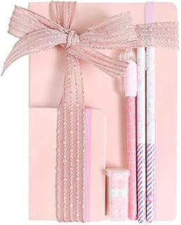 Emartbuy Cool Stationery Unique Gift Set with Pastel A5 and A7 Notebook Journal Gel Pen Pencil Eraser in Ribbon - Pink