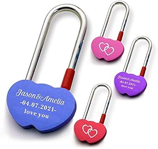 Personalised Love Lock for Her Engraved Padlock for Him Girls Couples Lover Custom Gift for Birthday Trip Travel Anniversary Wedding Valentines Day in Double Heart Shape (Red)