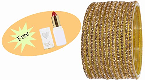 Image of NMII Glass with Zircon Gemstone and Beads Studdded Glossy Finished Traditional Bangle Set For Women and Girls
