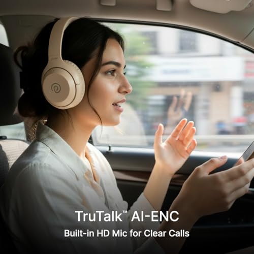 Image of pTron Studio Classic w / 75Hrs Playtime, Wireless Over Ear Headphones w /HD Mic, Dual Device Pairing, TruTalk AI-ENC Calls, Low-Latency Game & Music, Deep Bass, BT5.4 & Type-C Charging (Beige)