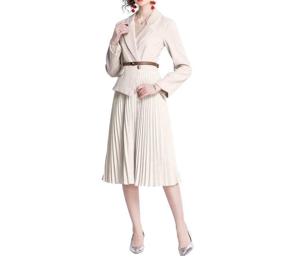 Womens Suit Long Sleeved Dress V-Neck Mid Length Skirt Fashion Long Sleeved Womens Clothing