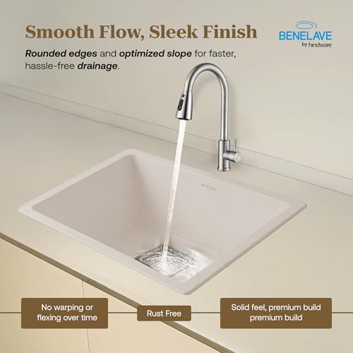 Image of Benelave by Hindware BLACP91010 Quartz Sink 21x18 for Kitchen | Single Bowl | White Color | Better Sound Absorption for Quieter Use | 7-year Manufacturer Warranty