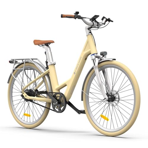 A Dece Oasis ADO E-Bike Air 28 Elektrofahrrad,Electric Bikes Pedelec Riemenantrieb,e Bike 28 Zoll,Momenten-Sensor, 1 Gang, Heckmotor, 345,00 Wh Akku, ebike Damen/Herren,Gepäckträger,Lampe (Yellow)