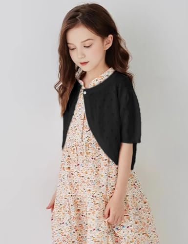 Image of Black Girls Bolero Shrug, Girls Cardigan Size 10 Short Sleeve, Kids Knit Sweater, Button Cover Up Cropped Tops
