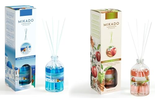 PCMOVILES Mikado Ambientador AIRE MEDITERRANEO Y MANZANA & CANELA100 ml – Pack de 2 Unidades – Aroma Fresco y Natural – Difusor de Varillas para Casa, Oficina y Armario